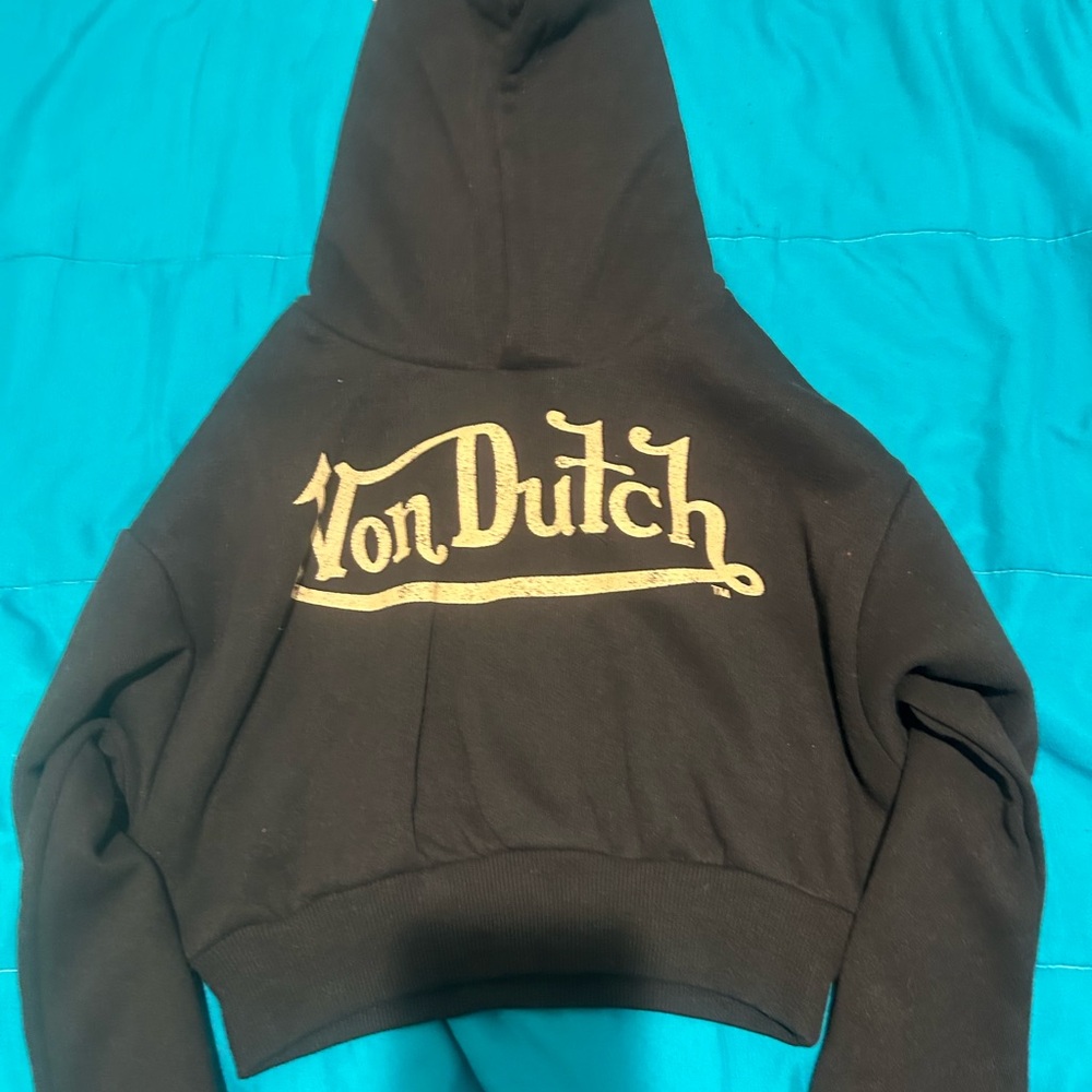 Von Dutch Kids Black Crop Hoodie with Gold Logo